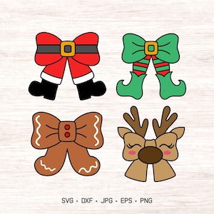 Paquete de archivos SVG de lazos navideños: Papá Noel, elfo, reno, pan de jengibre (archivos digitales)
