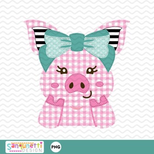 Cochon avec noeud en faux appliqué, conception de fille de ferme imprimable, art numérique PNG
