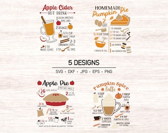Pode incluir: Um conjunto de gráficos digitais com quatro designs de receitas para cidra de maçã, torta de abóbora caseira, torta de maçã e latte de especiarias de abóbora. Cada design inclui ilustrações de ingredientes, medidas e etiquetas de texto.