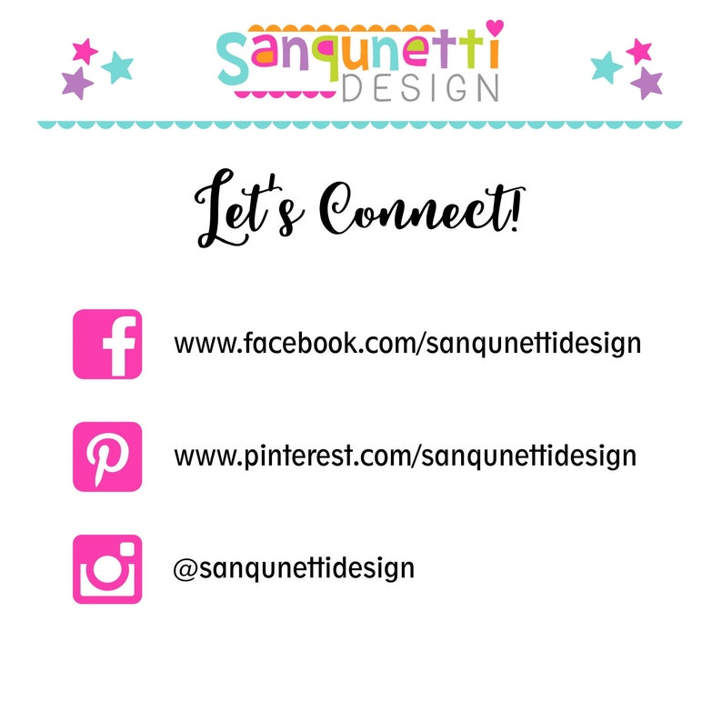 Puede incluir: Gr&aacute;fico rosa, azul y blanco con el texto "Sanqunetti Design" y "Let's Connect!" con enlaces a las p&aacute;ginas de Facebook, Pinterest e Instagram de la empresa.