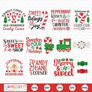 Puede incluir: Un conjunto de 10 archivos de corte SVG con temática navideña que incluyen bastones de caramelo, menta y refranes de invierno. Los diseños incluyen "Kringle Candy Co. Old Fashioned Candy Canes", "Sweet Tidings of Joy", "Peppermint Kisses & Warm Winter Wishes", "Welcome to Candy Cane Lane", "Santa's Sweet Shop", "Sweeten Your Holidays", "Peppermint Wonderland", "Candy Cane Corner" y "Merry & Sweet".