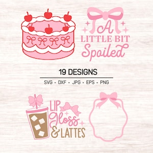 May include: A digital graphic set featuring a pink cake with red cherries, a pink bow, and the text A LITTLE BIT Spoiled. Also includes a brown iced coffee with a pink bow and the text LIP Gloss & LATTES, plus a pink scalloped frame with a bow.