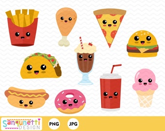 Kawaii junk food clipart, fast food and pizza digital art, instant download