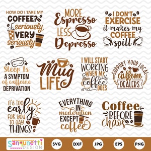 Paquete SVG de letras de café, imágenes prediseñadas de citas de café JPG y PNG