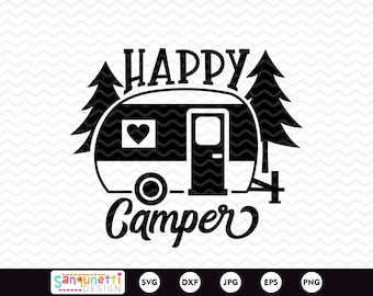 Happy Camper SVG: silueta de caravana de viaje, arte digital de Cricut