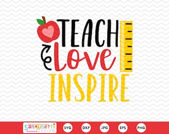 Puede incluir: Un diseño gráfico amarillo, rojo y negro con el texto "Teach & Love Inspire" y una manzana roja con un corazón dentro. Una regla amarilla está a la derecha del texto.