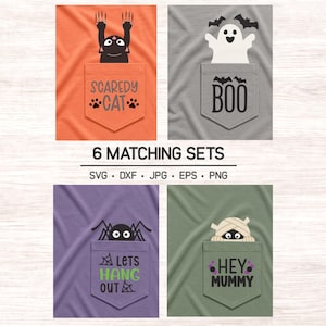 May include: Four t-shirt pockets featuring Halloween designs: an orange pocket with a black cat and text SCAREDY CAT, a gray pocket with a white ghost and BOO, a purple pocket with a spider and LETS HANG OUT, and a green pocket with a mummy and HEY MUMMY.