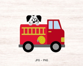 Op de afbeelding: Een illustratie van een rode brandweerwagen met een wit-zwart gevlekte dalmatiër die over de zijkant kijkt. De wagen heeft een gele ladder, een opgerolde gele slang, lichtblauwe ramen en zwarte wielen met grijze centra.