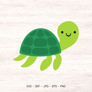 May include: A graphic illustration of a turtle with a light green head and limbs, featuring a dark green shell with a segmented pattern. The turtle has two small black dots for eyes and a simple curved black line for a mouth. Text reads SVG DXF JPG EPS PNG.