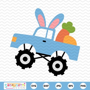 May include: A light blue monster truck with large black wheels and bunny ears on top. The truck bed holds two orange carrots with green tops. The image has a playful, cartoon style.