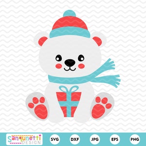 Christmas Polar Bear SVG with gift , Winter bear cut file for cricut & silhouette