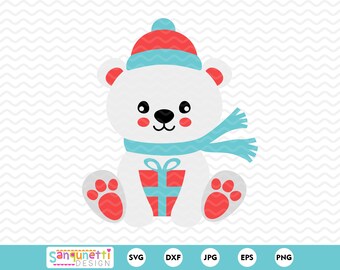 Christmas Polar Bear SVG with gift , Winter bear cut file for cricut & silhouette