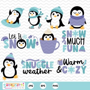 imágenes prediseñadas de pingüino de invierno, arte digital de pingüino, descarga instantánea de clip art de pingüino