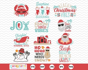 May include: A set of 10 Christmas-themed SVG cut files featuring a beachy twist. The designs include a crab, a snowman, Santa Claus, a sleigh, and more. The designs are perfect for creating festive crafts and decorations.