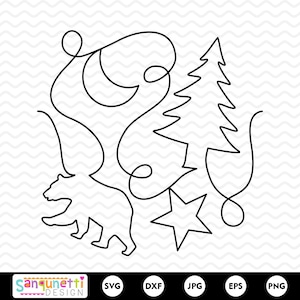 May include: Black line art design featuring a bear, a crescent moon, a Christmas tree, and a star. The design is a continuous line drawing, with the elements connected by a single, flowing line. The design is on a white background.
