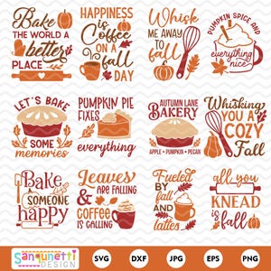 Può includere: Una collezione di design digitali a tema autunnale con frasi come "Bake the world a better place" e "Pumpkin pie fixes everything". Include immagini di zucche, tazze di caffè e utensili da cucina.