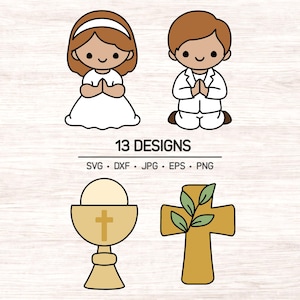 May include: Digital illustration featuring two cartoon figures, a girl in a white dress and a boy in a white suit, both kneeling in prayer. Below, a chalice, and a cross with leaves. The text "13 DESIGNS" is displayed.