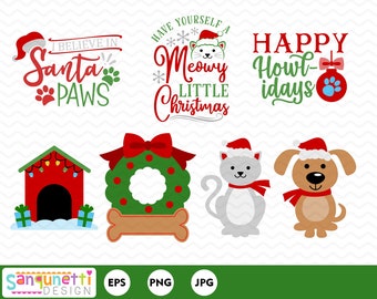 Cat and dog Christmas clipart, pet holiday holiday digital art graphics