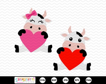 Valentinstag Kuh Mädchen und Junge SVG, Herzen Schneidedatei für Kinder, Silhouette oder Cricut