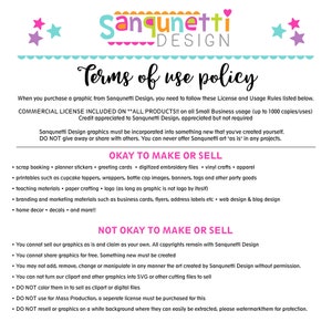 May include: A graphic design featuring the Sanqunetti Design logo, star accents, and text outlining the terms of use policy. The text details commercial license terms, acceptable uses like stickers and apparel, and prohibited uses such as reselling graphics.