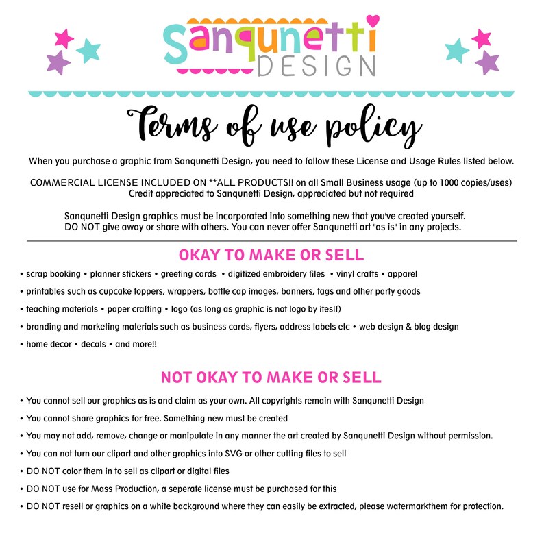 May include: A graphic design featuring the Sanqunetti Design logo, star accents, and text outlining the terms of use policy. The text details commercial license terms, acceptable uses like stickers and apparel, and prohibited uses such as reselling graphics.