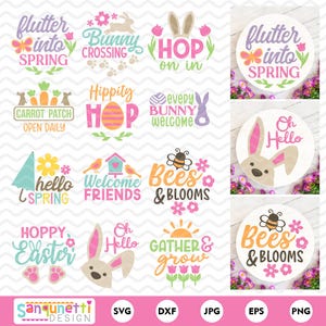 Ensemble SVG d'enseignes rondes printemps et Pâques | Dessins mignons d'accroche-porte à ressort