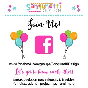 May include: A graphic with the text "Join Us!" and a pink Facebook logo. Colorful balloons and stars decorate the image. The text encourages viewers to join a Facebook group for sneak peeks, freebies, and discussions.