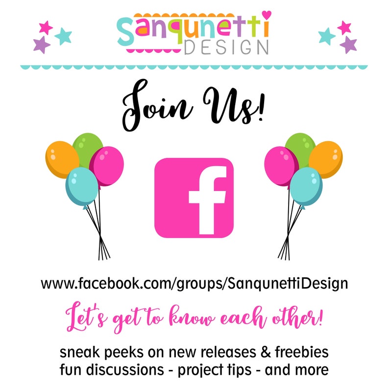 May include: A graphic with the text "Join Us!" and a pink Facebook logo. Colorful balloons and stars decorate the image. The text encourages viewers to join a Facebook group for sneak peeks, freebies, and discussions.