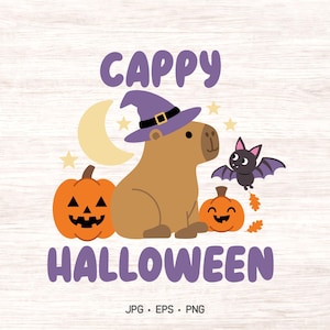 Op de afbeelding: Een grafische illustratie met een bruine capibara met een paarse heksenhoed, tussen twee oranje pompoenen. Een kleine paarse vleermuis vliegt onder een maansikkel en sterren. De tekst CAPPY HALLOWEEN is in de afbeelding opgenomen.