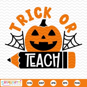 Pode incluir: Gr&aacute;fico tem&aacute;tico de Halloween laranja e preto com uma ab&oacute;bora, teias de aranha e um l&aacute;pis com o texto "Trick or Teach".