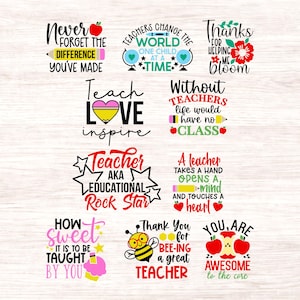 Puede incluir: Una colecci&oacute;n de coloridos dise&ntilde;os de agradecimiento a los profesores con varias citas y gr&aacute;ficos. Los dise&ntilde;os incluyen frases como "Nunca olvides la diferencia que has hecho", "Ense&ntilde;a amor, inspira" y "Gracias por ser un gran profesor".