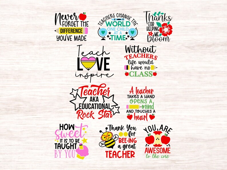 Puede incluir: Una colecci&oacute;n de coloridos dise&ntilde;os de agradecimiento a los profesores con varias citas y gr&aacute;ficos. Los dise&ntilde;os incluyen frases como "Nunca olvides la diferencia que has hecho", "Ense&ntilde;a amor, inspira" y "Gracias por ser un gran profesor".