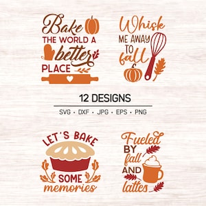 May include: A digital collection of 12 autumn-themed graphic designs featuring orange and brown text and illustrations including pumpkins, a whisk, a rolling pin, a pie, and a latte with the phrases Bake the world a better place, Whisk me away to fall, Let's bake some memories, and Fueled by fall and lattes.