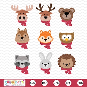 May include: A collection of nine cartoon animal faces, including a moose, deer, bear, squirrel, fox, owl, raccoon, rabbit, and lion. Each animal wears a red scarf. The image includes the text "Sanguinetti Design" and file type icons.