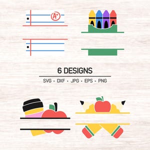 May include: A digital design featuring six school-themed graphics. The designs include notebook paper, crayons, an apple with a pencil, and the text "6 DESIGNS" with file type abbreviations. The graphics are in red, blue, yellow, green, and black.