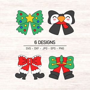 Peut inclure: Un ensemble graphique numérique présentant quatre illustrations de nœuds sur le thème des fêtes. Les motifs incluent un nœud vert avec des ornements et une étoile, un nœud en forme de pingouin, un nœud rouge avec des bottes de Père Noël et un nœud vert avec des détails de casse-noisette. Le texte indique 6 DESIGNS SVG DXF JPG EPS PNG.