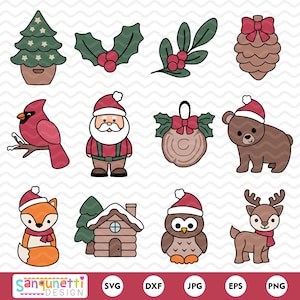 Conjunto de imágenes prediseñadas navideñas de bosque grueso, lindo paquete SVG de Navidad de bosque