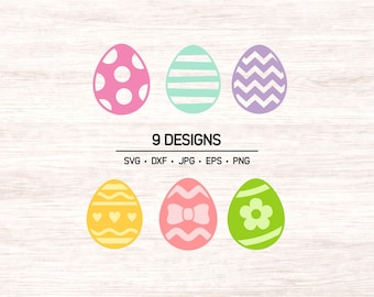 May include: A digital collection of six colorful Easter egg illustrations featuring various patterns including polka dots, horizontal stripes, chevrons, hearts, bows, and flowers. The text 9 DESIGNS and SVG, DXF, JPG, EPS, PNG are displayed in the center.