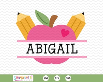 Apple and pencil clipart, teacher split design digital art instant download