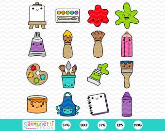 May include: A collection of colorful, cartoon-style art supplies. Includes an easel, paint palette, paint tubes, brushes, pencils, paint splatters, a paint bucket, an apron, a notepad, and a crayon. Each item has a smiling face.