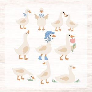May include: A collection of whimsical goose illustrations in various poses. The geese are primarily white with tan accents, some adorned with blue bows, hats, and boots. One goose holds a pink tulip. The illustrations are set against a light background.