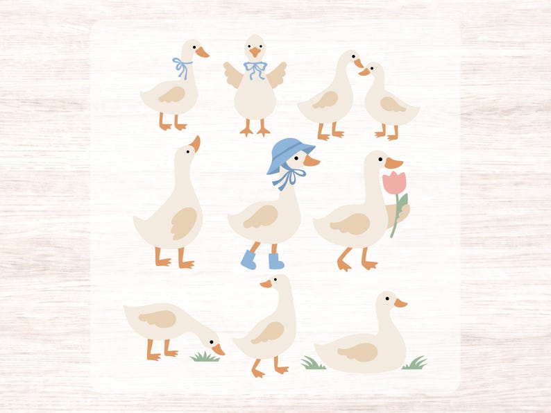 May include: A collection of whimsical goose illustrations in various poses. The geese are primarily white with tan accents, some adorned with blue bows, hats, and boots. One goose holds a pink tulip. The illustrations are set against a light background.