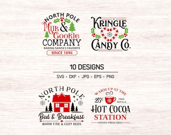 May include: A digital collection of four Christmas-themed graphic designs featuring text and illustrations. Designs include North Pole Milk & Cookie Company, Kringle Candy Co., North Pole Bed & Breakfast, and Hot Cocoa Station with file formats listed.