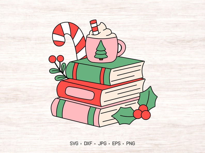 May include: A stack of three books in green, red, and pink, topped with a pink mug containing a drink with whipped cream and a candy cane. The illustration features holly berries and leaves, with the text SVG, DXF, JPG, EPS, PNG at the bottom.