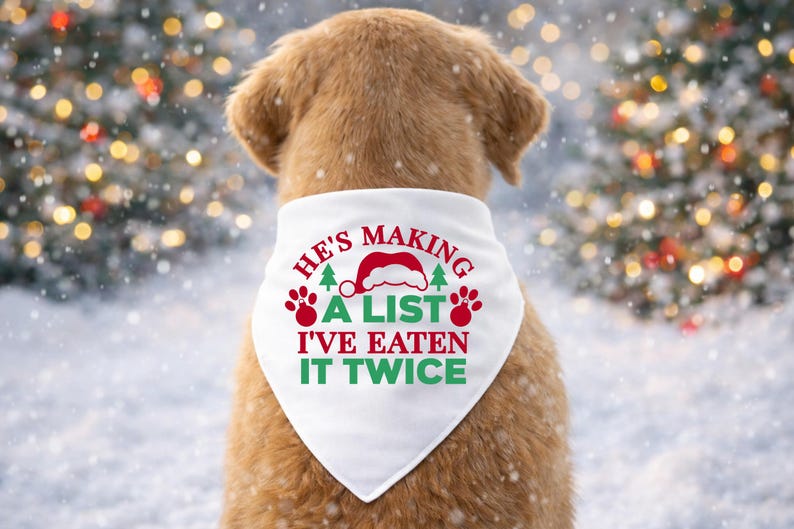 Op de afbeelding: Een hond draagt een witte kerstbandana met de tekst "He's making a list I've eaten it twice" in rood en groen. De hond bevindt zich in een besneeuwde buitenomgeving met vage kerstverlichting op de achtergrond.