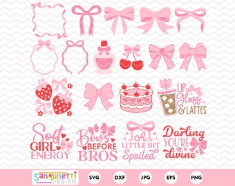 Coquette Bow and lettering SVG Bundle |  Pink Bows, Quotes, Frames, & Icons