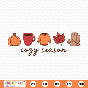 May include: A digital illustration featuring autumn-themed icons: a pumpkin, a mug of coffee, an orange sweater, a red leaf, and boots. The phrase "cozy season" is written in a cursive font. The image has a white background with a wavy pattern.