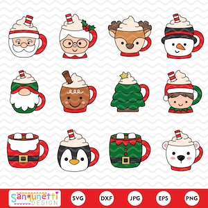May include: A collection of twelve cartoon-style mugs with whipped cream and a candy cane straw. The mugs are designed as Christmas characters, including Santa, Mrs. Claus, a reindeer, a snowman, a gnome, a gingerbread man, a Christmas tree, an elf, and a polar bear.