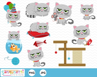 cat clipart, grumpy kitty digital art, instant download