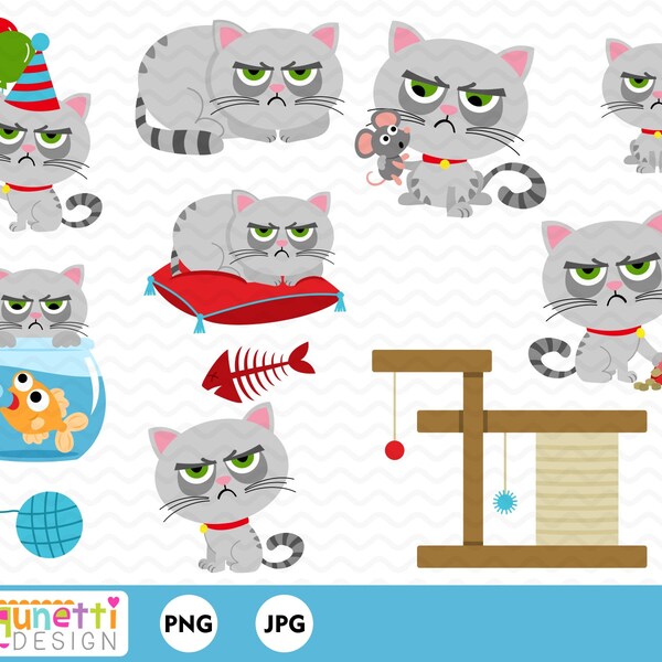 cat clipart, grumpy kitty digital art, instant download